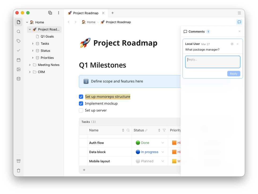 A Ubimate page with rich text, a nested outline and an inline datatable